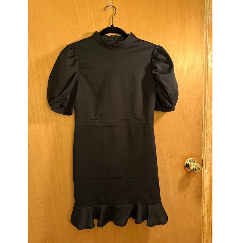 Black Mock Neck Mini Dress with Ruffle Hem - Size S